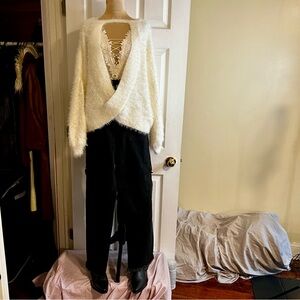 Faux Fur Draped Front Balloon Sleeve Multi Wear Boho Casual Sweater Neely‎ M